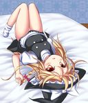  absurdres bare_legs blonde_hair blush bobby_socks braid breasts commentary_request d: dress full_body hair_ribbon hat highres kirisame_marisa legs long_hair looking_at_viewer mochizuki_hull on_bed open_mouth red_eyes ribbon single_braid small_breasts socks solo star star-shaped_pupils symbol-shaped_pupils thighs touhou tress_ribbon upside-down witch_hat 