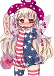  alternate_legwear american_flag_dress american_flag_legwear blonde_hair blush clownpiece dress hat heart heart-shaped_pupils jester_cap long_hair looking_at_viewer muuba open_mouth print_dress pussy_juice pussy_juice_trail red_eyes short_dress short_sleeves solo striped striped_dress striped_legwear sweat symbol-shaped_pupils thighhighs torch touhou translated very_long_hair zettai_ryouiki 