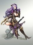  axe between_breasts breasts camilla_(fire_emblem_if) cleavage curvy female fire_emblem fire_emblem_if gaohappy3344 gradient gradient_background hair_over_one_eye large_breasts leaning_forward looking_at_viewer parted_lips purple_eyes purple_hair sitting solo thick_thighs tiara weapon wide_hips 