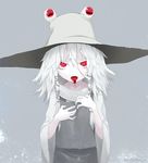  alternate_color bangs blood blood_from_mouth blood_in_mouth bright_pupils cinkai collarbone fangs grey_skirt hair_between_eyes hair_ornament hands_on_own_chest hat long_hair long_sleeves moriya_suwako open_mouth red_eyes skirt skirt_set slit_pupils solo touhou upper_body white_hair white_skin wide_sleeves 