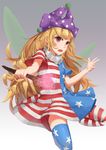  alternate_legwear american_flag_dress american_flag_legwear blonde_hair clownpiece dress error fairy_wings hat highres jester_cap long_hair looking_at_viewer newnand open_mouth red_eyes solo striped striped_dress striped_legwear thighhighs touhou wings 