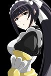  alice360 armor black_background black_eyes black_hair high_ponytail highres long_hair looking_back maid maid_headdress narberal_gamma overlord_(maruyama) parted_lips simple_background solo upper_body 