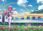  belt bouquet braid cloud cosmos_(flower) day dress field flower flower_field grass ground_vehicle hat nurse nurse_cap open_mouth orange_eyes original pantyhose petals pink_hair radio_tower rainbow ribbon rose short_dress smile solo stflash train 