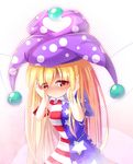  american_flag_dress blonde_hair blush clownpiece fairy_wings full-face_blush gradient gradient_background hands_on_own_face hat jester_cap long_hair looking_at_viewer red_eyes shirt short_sleeves solo touhou upper_body wings z.o.b 