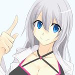  blue_background blue_eyes breasts cleavage collarbone fingernails highres large_breasts long_hair looking_at_viewer ore_twintail_ni_narimasu silver_hair simple_background solo twoearle very_long_hair 