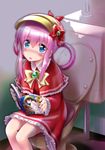 blue_eyes blush book dress hat highres long_hair open_mouth pink_hair reading sherlock_shellingford sitting smile solo tantei_opera_milky_holmes toilet twintails u4dom 