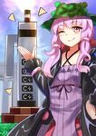  ;) blush c4 camouflage_hat coat dress e.o. highres long_hair looking_at_viewer low-tied_long_hair one_eye_closed pink_eyes pink_hair sketch smile solo vocaloid voiceroid yuzuki_yukari 