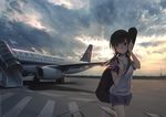  1girl airbus_a320 aircraft airplane black_hair china_southern_airlines cloud cloudy_sky collarbone commentary_request guitar_case hair_ornament instrument_case original outdoors panda_hair_ornament photoshop_(medium) purple_hair shadow shirt short_shorts shorts sky solo stflash sun t-shirt tower 