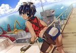  absurdres belt blue_eyes blue_hair crane gloves goggles goggles_on_head highres holster mayta_(suisei_no_gargantia) midriff musha_sabu ocean short_hair shorts smile solo suisei_no_gargantia thigh_strap 