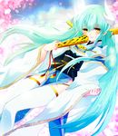  aqua_hair fan fate/grand_order fate_(series) horns japanese_clothes kimono kiyohime_(fate/grand_order) long_hair obi parted_lips sash smile solo thighhighs yellow_eyes yuuki_sara zettai_ryouiki 