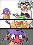  1boy 1girl 3koma bare_shoulders blue_hair breasts close-up comic commentary cup_ramen detached_collar domino_mask earrings fangs food gloves hotaru_(splatoon) jewelry maruchan_(brand) maruchan_midori_no_tanuki_tensoba mask medium_breasts mole mole_under_eye monster_boy pointy_ears rob_(splatoon) seki_(red_shine) shrimp silent_comic splatoon_(series) splatoon_1 white_gloves yellow_eyes 