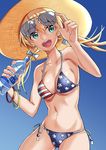  :d adjusting_eyewear american_flag_bikini aqua_eyes bangle bangs bikini blonde_hair blue_background bottle bow bracelet breasts cowboy_shot eyewear_on_head flag_print floating_hair hair_bow hat holding holding_bottle horizontal_stripes jewelry kantai_collection long_hair luicent medium_breasts navel open_mouth parody pocari_sweat print_bikini prinz_eugen_(kantai_collection) side-tie_bikini smile solo star strap_gap straw_hat striped sunglasses swimsuit twintails white_bow 