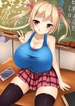  :q arm_support bare_shoulders blonde_hair blush breasts chalk chalkboard classroom cleavage collarbone female hair_ribbon highres huge_breasts looking_at_viewer phone pink_eyes ribbon shiny_skin sitting skirt smile solo thighhighs tongue tongue_out twintails v yahiro_(anhnw) 