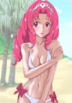  absurdres akagi_towa amawa_kazuhiro beach bikini blush breasts cleavage day drill_hair embarrassed go!_princess_precure highres long_hair midriff pink_eyes pink_hair precure small_breasts solo sweatdrop swimsuit tree 