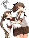  2girls @_@ ayanami_(kantai_collection) brown_hair brown_skirt commentary_request fainting flying_sweatdrops hair_ribbon holding kanoe_soushi kantai_collection long_hair multiple_girls open_mouth ponytail ribbon school_uniform serafuku shikinami_(kantai_collection) short_hair side_ponytail simple_background skirt sweat sweatdrop thighs translated twitter_username white_background wide_oval_eyes 