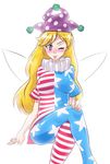  ;p american_flag_dress american_flag_legwear blonde_hair blush_stickers breasts clownpiece crossed_legs fairy_wings frilled_shirt_collar frills greyface hat invisible_chair jester_cap large_breasts long_hair neck_ruff one_eye_closed pantyhose pink_eyes sitting solo striped striped_legwear tongue tongue_out touhou wings 