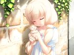  3: blonde_hair brick_wall cafe_sourire cat closed_eyes eyebrows_visible_through_hair game_cg gayarou holding holding_cat kitten low_twintails ogiwara_kyouko plant scrunchie solo twintails vines 