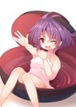  bathing beni_shake bowl hat in_bowl in_container looking_at_viewer naked_towel one_eye_closed open_mouth purple_eyes purple_hair smile solo sukuna_shinmyoumaru touhou towel 