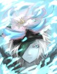  blue_eyes cape eyepatch flamie_speeddraw flower hair_flower hair_ornament hairband looking_at_viewer portrait rokka_no_yuusha short_hair solo white_hair yamashita_tomu 