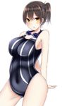  absurdres alternate_costume blush breasts brown_eyes brown_hair goggles goggles_around_neck highres kaga_(kantai_collection) kantai_collection large_breasts mizukoshi_(marumi) one-piece_swimsuit school_swimsuit short_hair side_ponytail simple_background solo swimsuit 