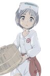  2015 4suke alternate_costume artist_name blush_stickers buttons choker dated diving_mask_on_head dress eyebrows grey_eyes grey_hair holding japanese_flag kantai_collection long_sleeves maru-yu_(kantai_collection) open_mouth short_hair simple_background solo thick_eyebrows triangle_mouth white_background white_dress 