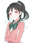  alternate_hairstyle artist_name ayase_eli ayase_eli_(cosplay) bad_id bad_pixiv_id black_hair bow bowtie cardigan cosplay crossed_arms grin heart high_ponytail long_sleeves looking_at_viewer love_live! love_live!_school_idol_project marin_(myuy_3) otonokizaka_school_uniform ponytail profile red_eyes school_uniform scrunchie smile solo white_scrunchie yazawa_nico 