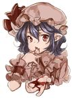  azuki_(azuki-taste) bangs blood blood_on_face bloody_hands fang frills hair_between_eyes hat hat_ribbon highres mob_cap pink_hat pointy_ears puffy_short_sleeves puffy_sleeves red_ribbon remilia_scarlet ribbon short_hair short_sleeves simple_background solo touhou upper_body white_background 