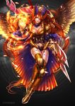  armor breasts coga collarbone female gradient gradient_background holding holding_weapon jewelry long_hair magic orange_hair purple_eyes revenge_of_dragoon solo weapon wings 