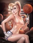  1girl bangs basketball basketball_uniform blonde_hair breasts crop_top crop_top_overhang ear_piercing earrings edit eyelashes eyeliner eyeshadow female fringe gloves hand_on_hip jewelry legs_crossed lips lola_bunny long_hair looney_tunes makeup midriff navel nipples nose parted_lips personification piercing ponytail sakimichan scrunchie shiny shiny_skin short_shorts shorts sitting solo space_jam sportswear thick_lips toned topless watermark web_address white_gloves 