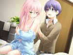  1girl 3: bare_shoulders blush breasts cafe_sourire eretto game_cg green_eyes hair_down highres mizushima_serika nipples open_mouth pajamas pink_hair polka_dot_pajamas purple_eyes purple_hair shirt_pull small_breasts washing_back 