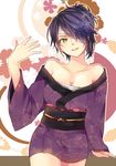  breasts character_request cleavage copyright_request eyepatch hair_over_one_eye japanese_clothes kimono kuromame large_breasts obi purple_hair sarashi sash short_kimono solo yellow_eyes 