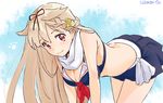  all_fours alternate_breast_size bent_over blonde_hair breasts cleavage hair_flaps hair_ornament hair_ribbon hairclip kantai_collection large_breasts long_hair looking_at_viewer paw_print red_eyes remodel_(kantai_collection) ribbon skirt smile solo urata_asao yuudachi_(kantai_collection) 