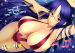  absurdres blue_hair breasts glasses highres huge_breasts matarou_(genkai_toppa) red_eyes ridget_(suisei_no_gargantia) solo suisei_no_gargantia swimsuit 