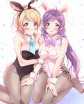  animal_ears arihara_(arhr0) ayase_eli blonde_hair blue_eyes bow bowtie breasts bunny_ears bunny_tail bunnysuit cleavage detached_collar frills green_eyes large_breasts long_hair love_live! love_live!_school_idol_project multiple_girls necktie pantyhose ponytail purple_hair tail toujou_nozomi twintails wrist_cuffs 