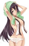  black_hair breasts covered_nipples cowboy_shot highres iga_tamaki kantai_collection large_breasts looking_back nagato_(kantai_collection) panties red_eyes solo towel towel_on_head twisted_torso underwear wet wet_clothes white_panties 