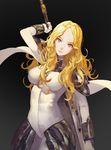  black_background blonde_hair breasts claymore forehead gloves grey_eyes holding holding_sword holding_weapon large_breasts long_hair looking_at_viewer nanaya_(daaijianglin) simple_background smile solo sword teresa_(claymore) weapon white_gloves 