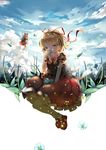  backlighting blonde_hair blue_eyes blush cloud covering_mouth fairy fairy_wings flower hair_ornament hair_ribbon highres lily_of_the_valley looking_at_viewer mary_janes medicine_melancholy puffy_sleeves ribbon shirt shoes short_hair short_sleeves sitting skirt sky smile socks solo su-san teeth_(artist) touhou white_legwear wings 