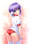  ass blue_eyes blush bow buruma clannad cowboy_shot fujibayashi_ryou gym_uniform hair_bow hair_intakes looking_at_viewer parted_lips purple_hair shirt_tug short_hair short_sleeves solo thighhighs white_legwear zen 