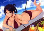  3: absurdres ass barefoot bikini blush book braid breasts cloud cup day drinking_glass drinking_straw folded_ponytail full_body glasses highres large_breasts legs_up long_hair lying on_stomach open_book ridget_(suisei_no_gargantia) sasamori_tomoe sky solo strap_gap strap_pull suisei_no_gargantia swimsuit the_pose water 