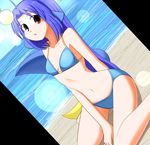  ahoge beach bikini blue_hair brown_eyes day dutch_angle gen_2_pokemon lanturn lens_flare long_hair looking_at_viewer midriff navel open_mouth original personification pokemon solo string_bikini swimsuit sws 