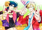  artist_name bad_id bad_pixiv_id black_hair blonde_hair caesar_anthonio_zeppeli feather_boa goggles goggles_around_neck green_eyes hat hat_feather horns ito_koi jewelry jojo_no_kimyou_na_bouken joseph_joestar_(young) kemonomimi_mode male_focus midriff multiple_boys necktie pointing ring sheep_horns top_hat watermark 