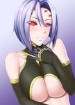  arachne bare_shoulders blush breasts claws collarbone detached_sleeves extra_eyes gradient gradient_background grin impossible_clothes insect_girl large_breasts lavender_hair lips looking_at_viewer monster_girl monster_musume_no_iru_nichijou purple_background rachnera_arachnera red_eyes shaito shiny shiny_skin short_hair smile solo spider_girl translucent_hair underboob 