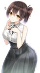  absurdres alternate_costume blush breasts brown_eyes brown_hair hair_between_eyes hands_on_own_chest highres kaga_(kantai_collection) kantai_collection large_breasts meme_attire mizukoshi_(marumi) short_hair side_ponytail sleeveless smile solo squiggle virgin_killer_outfit 