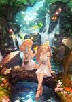  animal anklet bare_shoulders barefoot basket belt blonde_hair breasts bug bunny butterfly cleavage closed_eyes day deer elf flower food highres insect jewelry large_breasts long_hair multiple_girls nature necklace original pointy_ears purple_eyes sandwich sitting sky smile squirrel tree water waterfall yaoya_musuko 