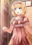  alice_margatroid blonde_hair blue_eyes collarbone e.o. hairband highres lolita_hairband nightgown open_door open_mouth puffy_short_sleeves puffy_sleeves short_hair short_sleeves solo touhou 