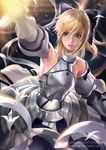  armor armored_dress armpits artoria_pendragon_(all) banned_artist bare_shoulders blonde_hair fate/stay_night fate/unlimited_codes fate_(series) green_eyes saber saber_lily sakimichan solo sword weapon 