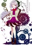  absurdres bare_legs boots bow bowtie covering_mouth dress full_body highres jacket kishin_sagume long_sleeves looking_at_viewer mono_(lovenedesiko) one_eye_closed red_eyes short_dress short_hair silver_hair single_wing solo touhou vest wings 