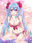  arm_support bad_id bad_pixiv_id bikini blanket_(kkbjah) blue_hair bracelet breasts cleavage collarbone flower frilled_bikini frills front-tie_top hair_flower hair_ornament highres jewelry large_breasts light_blue_hair long_hair looking_at_viewer luthica_preventer open_mouth partially_submerged red_bikini red_eyes shiny shiny_skin side-tie_bikini sidelocks sitting skindentation smile solo swimsuit sword_girls twintails wariza water 