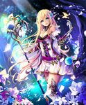  bare_shoulders blonde_hair blue_eyes breasts bug butterfly cleavage elf flower forest gloves hair_flower hair_ornament insect light_rays long_hair looking_at_viewer medium_breasts nature open_mouth pointy_ears shingoku_no_valhalla_gate sho_(runatic_moon) solo staff thighhighs 