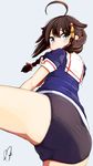  ahoge ass black_panties blue_eyes blurry braid brown_hair close-up depth_of_field hair_ornament hair_over_shoulder hair_ribbon highres kantai_collection long_hair momo_(higanbana_and_girl) no_pants panties ribbon school_uniform serafuku shigure_(kantai_collection) single_braid solo underwear 